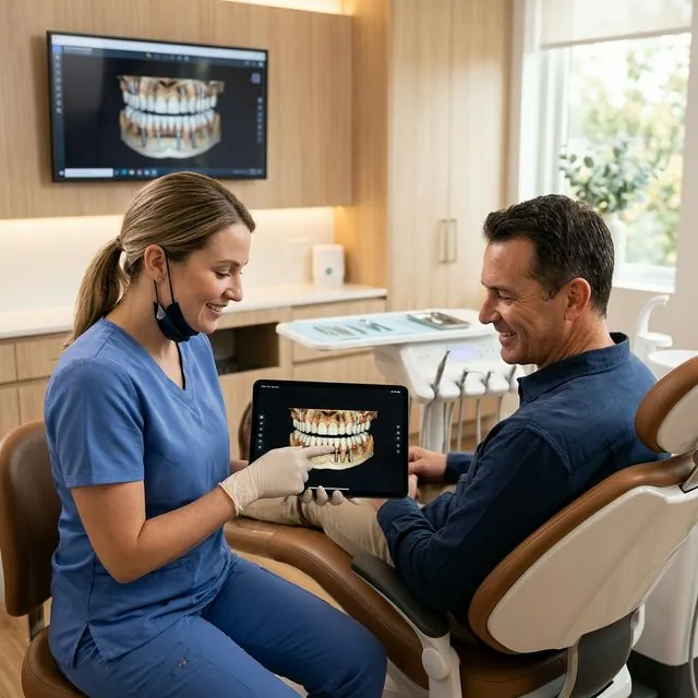 Dentista mostrando planejamento de reabilitação oral completa em tablet para paciente em BH