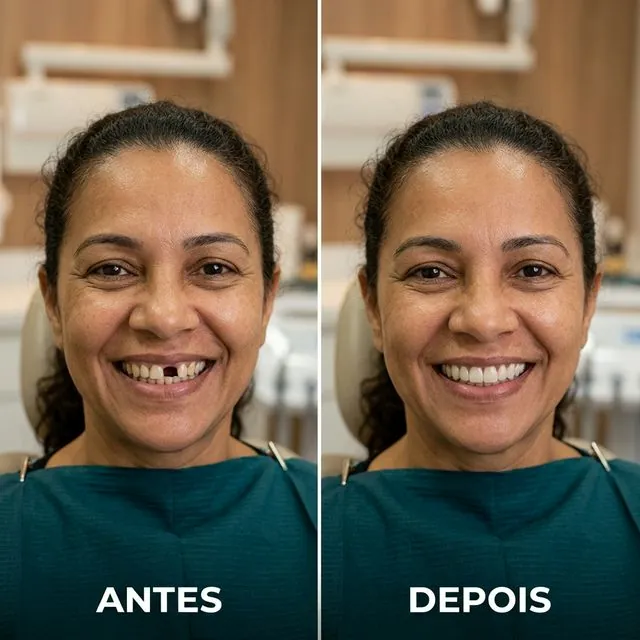 Resultado antes e depois do implante dentário unitário